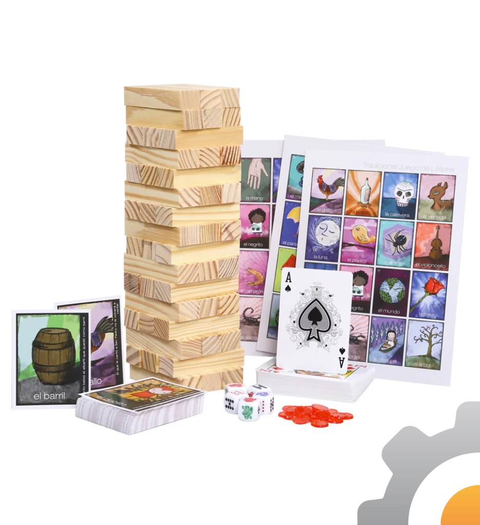 Set de 3 juegos en 1: torre de madera, lotería y baraja, Novelty