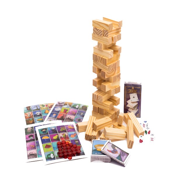 Set de 3 juegos en 1: torre de madera, lotería y baraja, Novelty